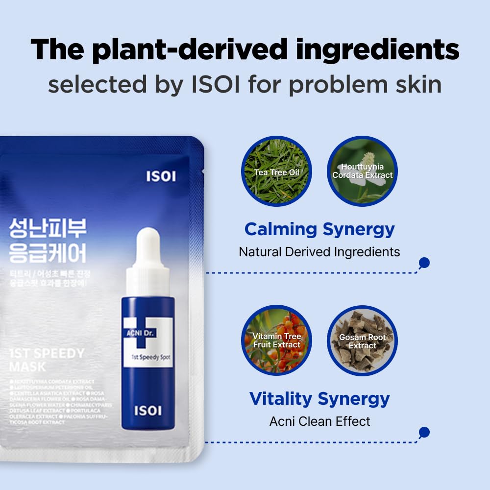 ISOI ACNI Dr. 1st Speedy Mask 10EA, Hypoallergenic & Moisturizing Mask for Sensitive Skin, Quick Calming Acne Care, Korean Skin Care