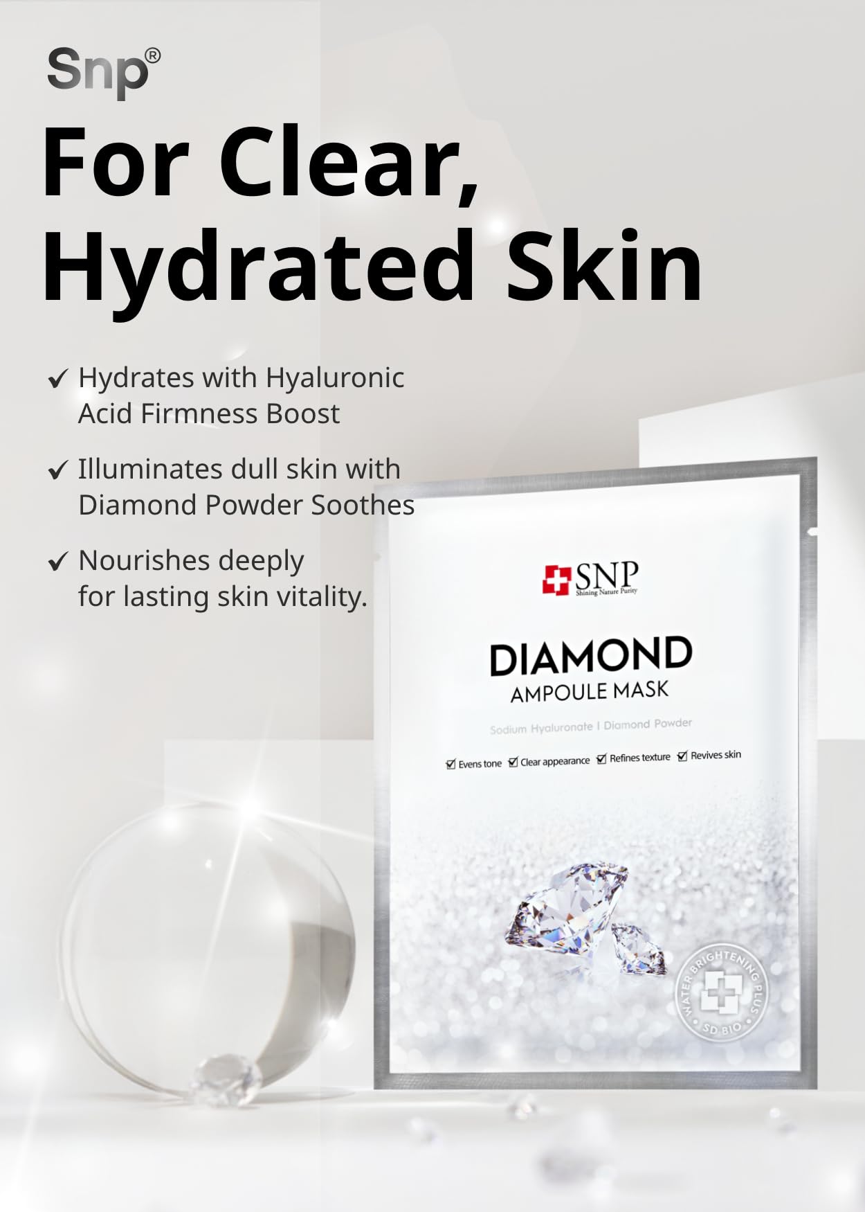 [K Beauty Snp] Diamond Ampoule Sheet Mask | Tightening, Hydrating, and Nourishing with Real Diamonds for All Oily Skin Types | Korean Face Mask Skincare | Facial Moisturizing | 10 Sheets
