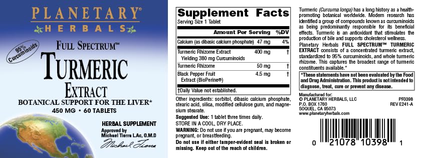 Planetary Herbals Full Spectrum Turmeric Extract Tablets, 450 mg, 60 Count
