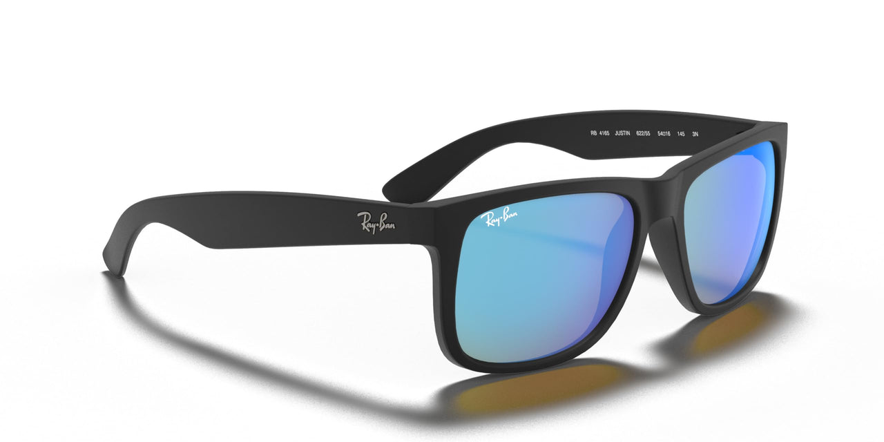 Ray-Ban RB4165 Justin Rectangular Sunglasses, Rubber Black/Blue Flash, 55 mm