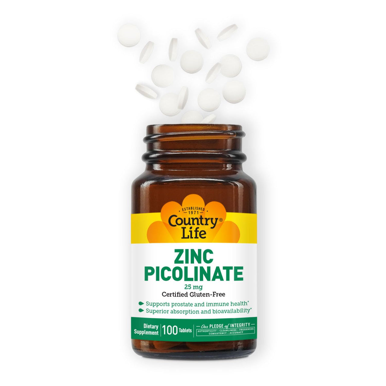 Country Life Zinc Picolinate 25 mg - Superior Absorption Zinc Supplement for Immune Support, Prostate Health & Cellular Wellness - Certified Gluten-Free, Vegan & Halal, Non-GMO - 100 Tablets