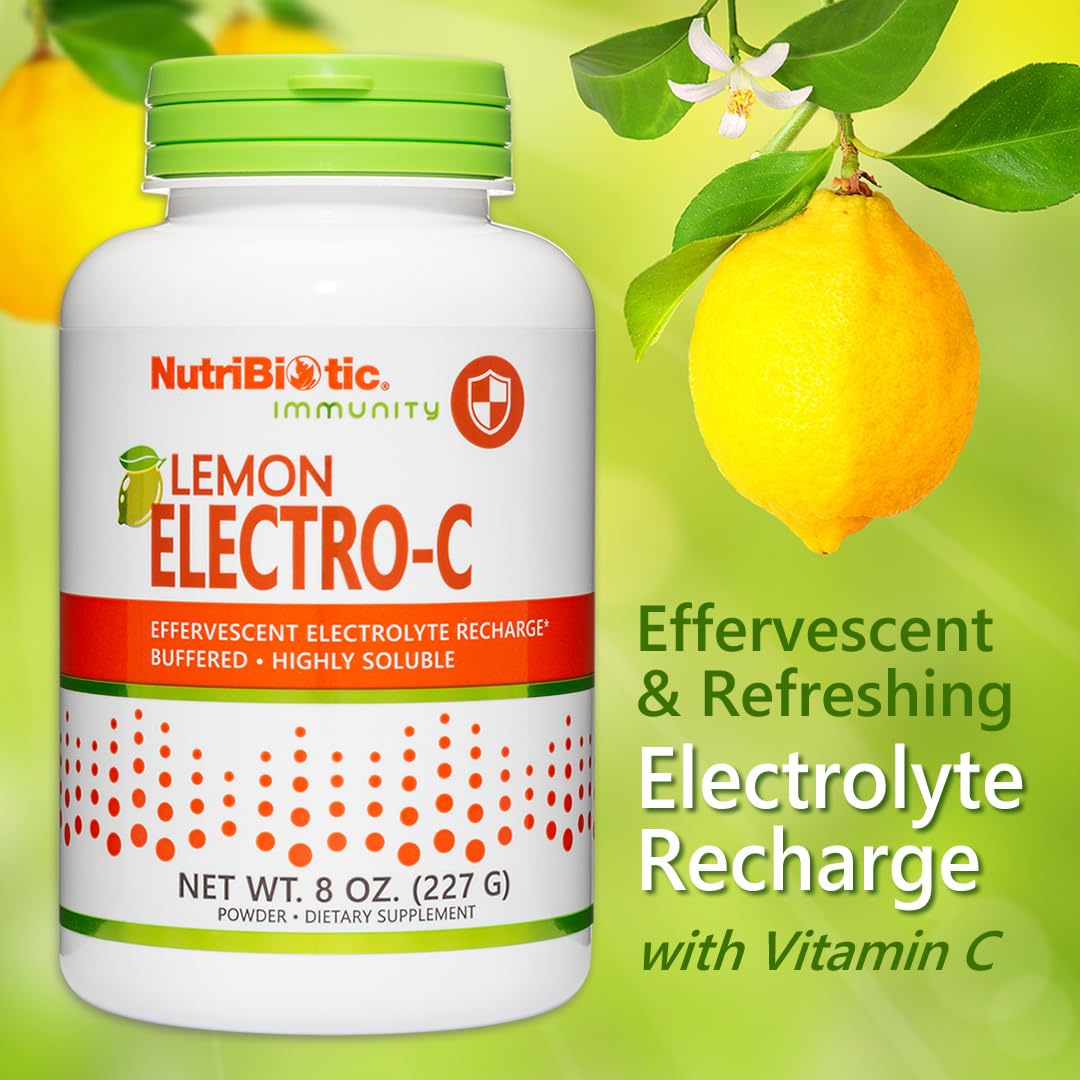 NutriBiotic - Lemon Electro-C,Vitamin C & Electrolyte Powder, 8 Oz | 850 Mg Vitamin C Per Serving | Effervescent Electrolyte Recharge | Buffered & Highly Soluble | Free of Calories, Gluten & Non-GMO
