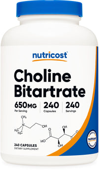 Thumbnail for Nutricost Choline Bitartrate 650mg, 240 Vegetarian Capsules - Non-GMO, Vegetarian Friendly, Gluten Free