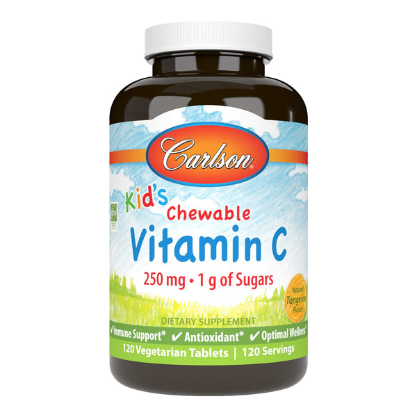Carlson - Kid's Chewable Vitamin C, 250 mg, 1 g of Sugars, Immune Support & Optimal Wellness, Antioxidant, Tangerine, 120 Vegetarian Tablets