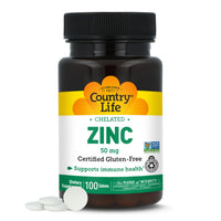 Thumbnail for Country Life Chelated Zinc 50 mg - Certified Gluten-Free & Vegan Immune Support Supplement, Enhances Zinc Absorption, Supports Body’s Protein Production & Cellular Health, 100 Vegetarian Tablets