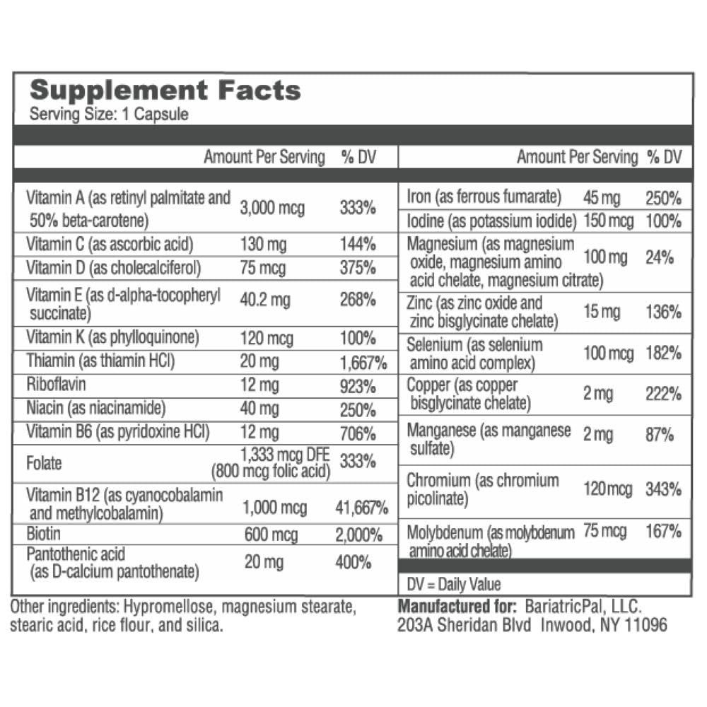 BariatricPal Multivitamin ONE 1 per Day! Bariatric Multivitamin Capsule with 45 mg of Iron | Easy to Swallow Capsule | Vitamin for Bariatric Surgery Patients | 30 Count (1 Month Supply)