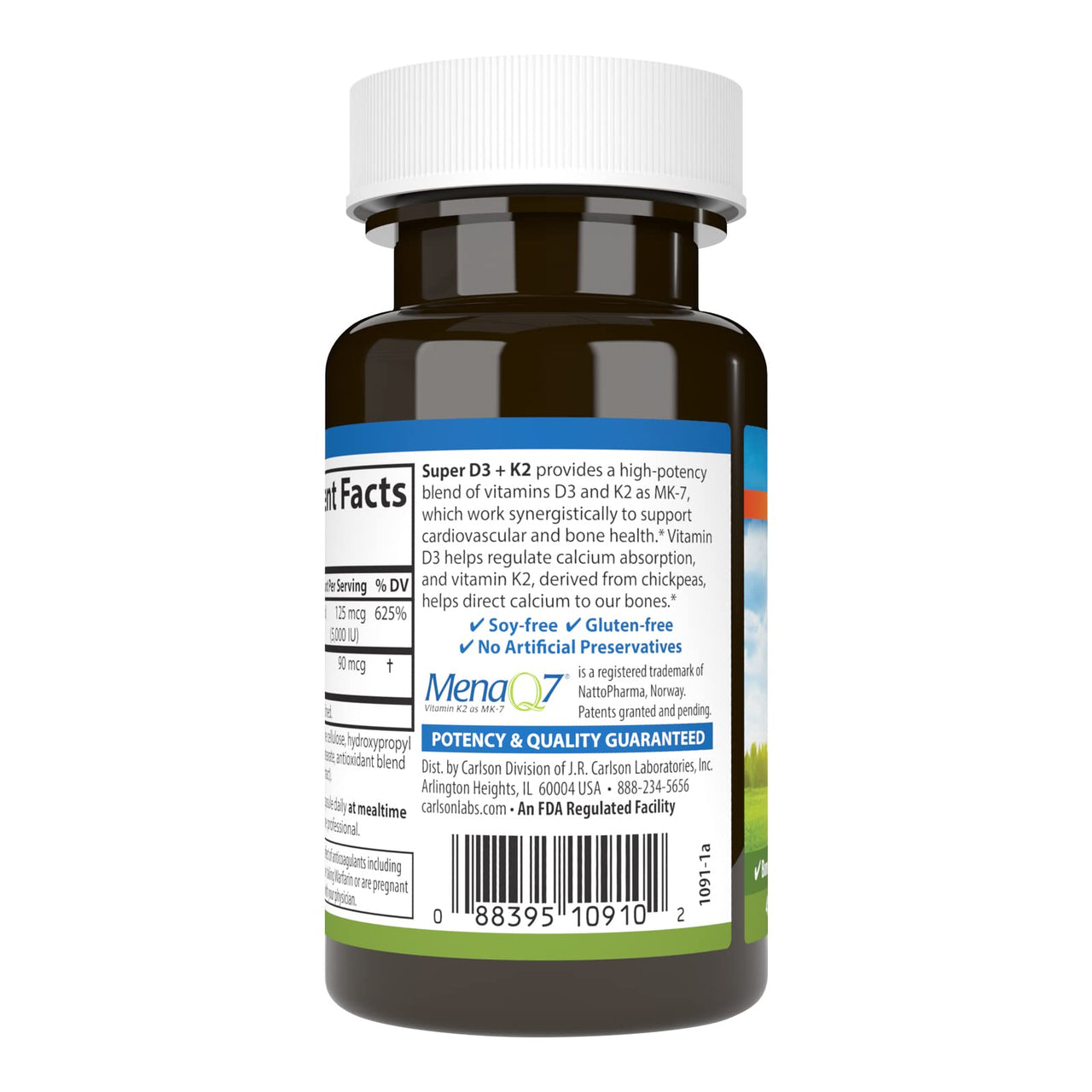 Carlson - Super D3 + K2, 125 mcg (5000 IU) Vitamin D3, 90 mcg Vitamin K2 as MK-7, Bone Support, Calcium Absorption, 45 Vegetarian Capsules