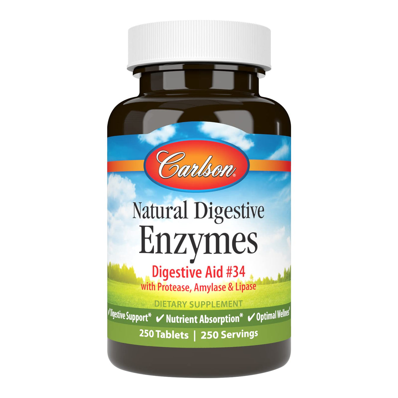Carlson - Natural Digestive Enzymes, Digestive Aid #34 with Protease, Amylase & Lipase, Digestive Support, Nutrient Absorption & Optimal Wellness, 250 Tablets