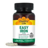 Thumbnail for Country Life Easy Iron 25 mg | Gentle, Non-Constipating Iron Supplement | Supports Energy & Red Blood Cell Production | Certified Gluten-Free & Vegan | 90 Vegan Capsules