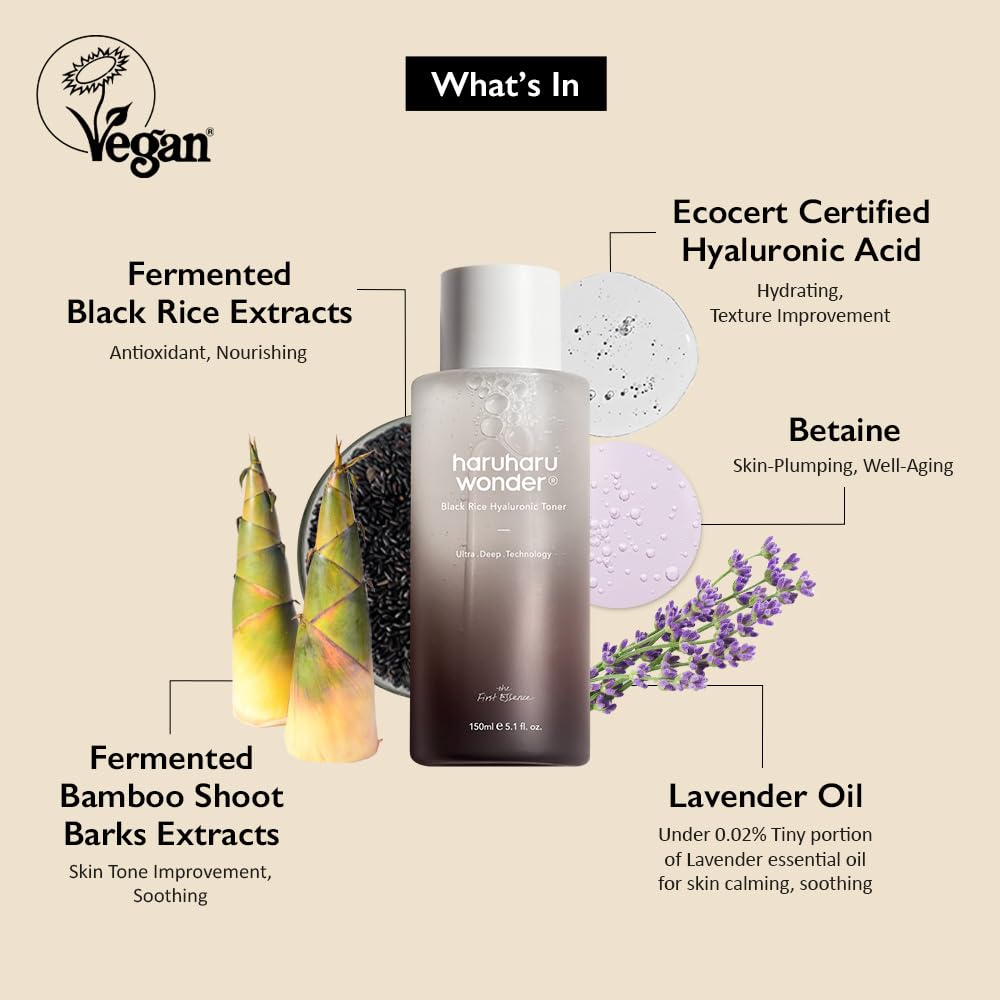 haruharu Wonder Black Rice Hyaluronic Toner, Deep Hydration, Glass Skin, Hyaluronic Acid, Lavender Oil, Skin Plumpling, Korean Skincare, Vegan, Cruelty-Free, 5.1 fl.oz