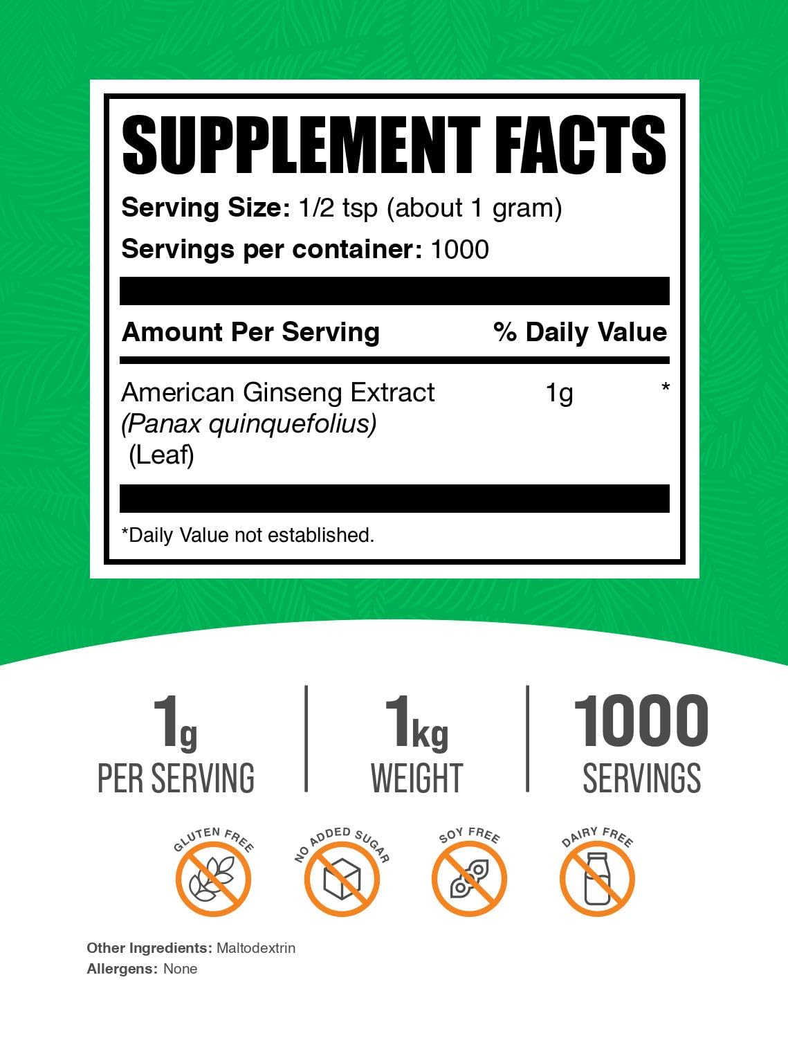 BulkSupplements.com American Ginseng Extract Powder - Ginseng Supplement, Herbal Supplements - Gluten Free, 1g per Serving, 5kg (11 lbs) (Pack of 5)