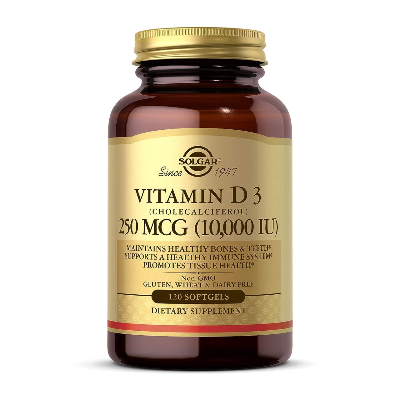 Solgar Vitamin D3 (Cholecalciferol) 250 MCG (10,000 IU), 120 Softgels - Helps Maintain Healthy Bones & Teeth - Immune System Support - Non GMO, Gluten/ Dairy Free - 120 Servings