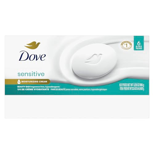 Dove Beauty Bar Soap Sensitive, 6 Bars for Sensitive Skin, Fragrance Free and Hypoallergenic 3.75 oz