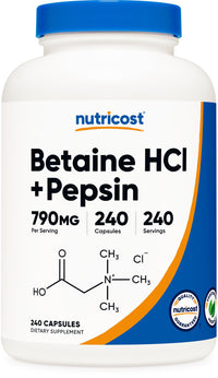 Thumbnail for Nutricost Betaine HCl + Pepsin 790mg, 240 Capsules - Vegetarian & GMO Free