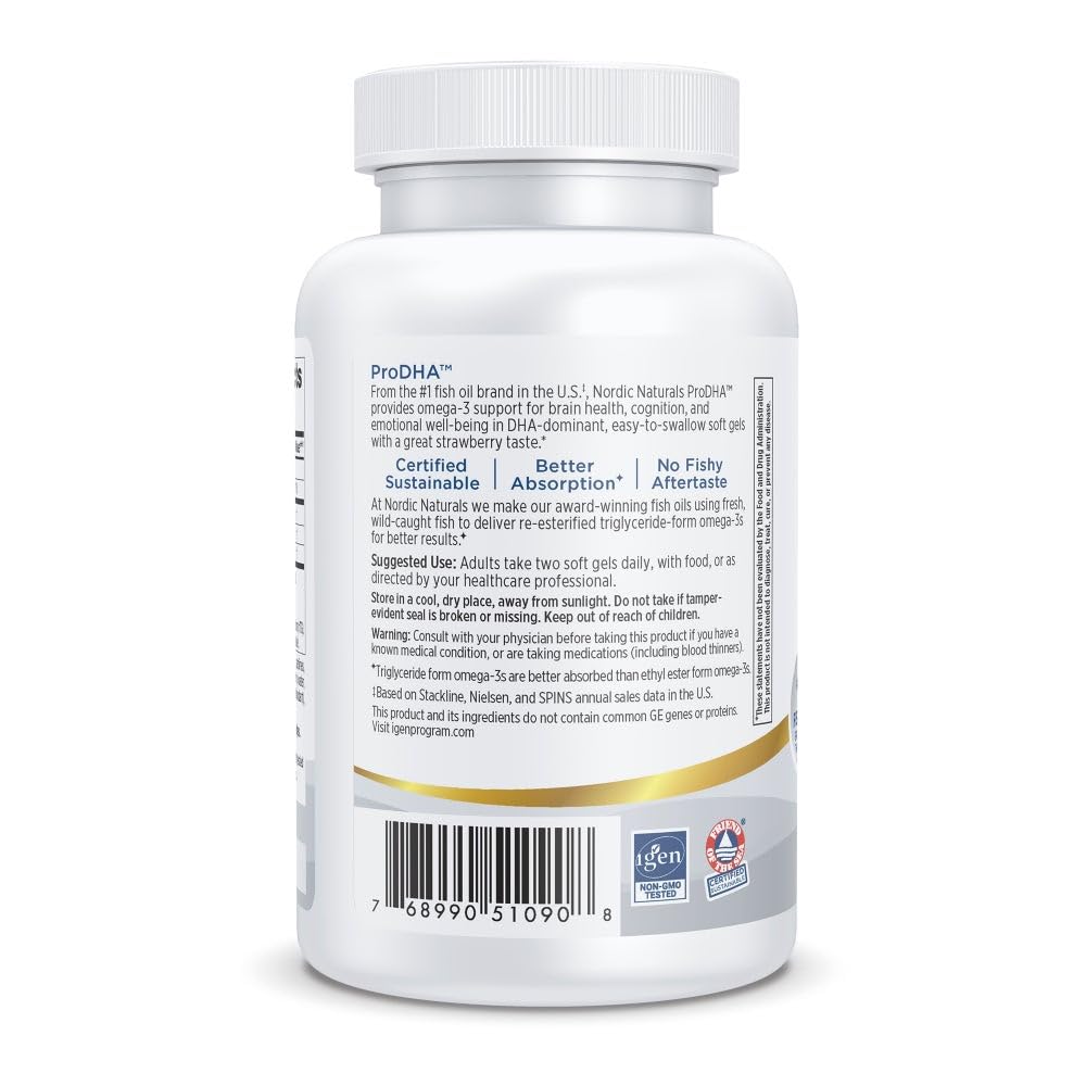 Nordic Naturals ProDHA, Strawberry - 120 Soft Gels - 830 mg Omega-3 - High-Intensity DHA Formula for Neurological Health, Mood & Memory - Non-GMO - 60 Servings