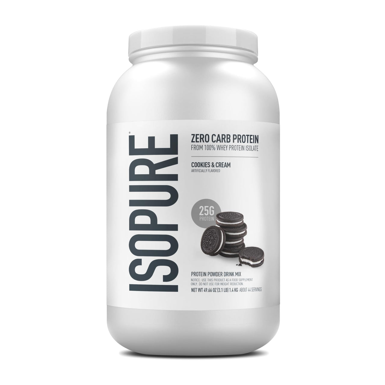 Isopure Zero Carb 100% Pure Whey Isolate Protein Powder, Lactose Free, Gluten Free, With Vitamins, Cookies & Cream, 25g Protein Per Serving, 3 Lbs, 44 Servings (Packaging May Vary)