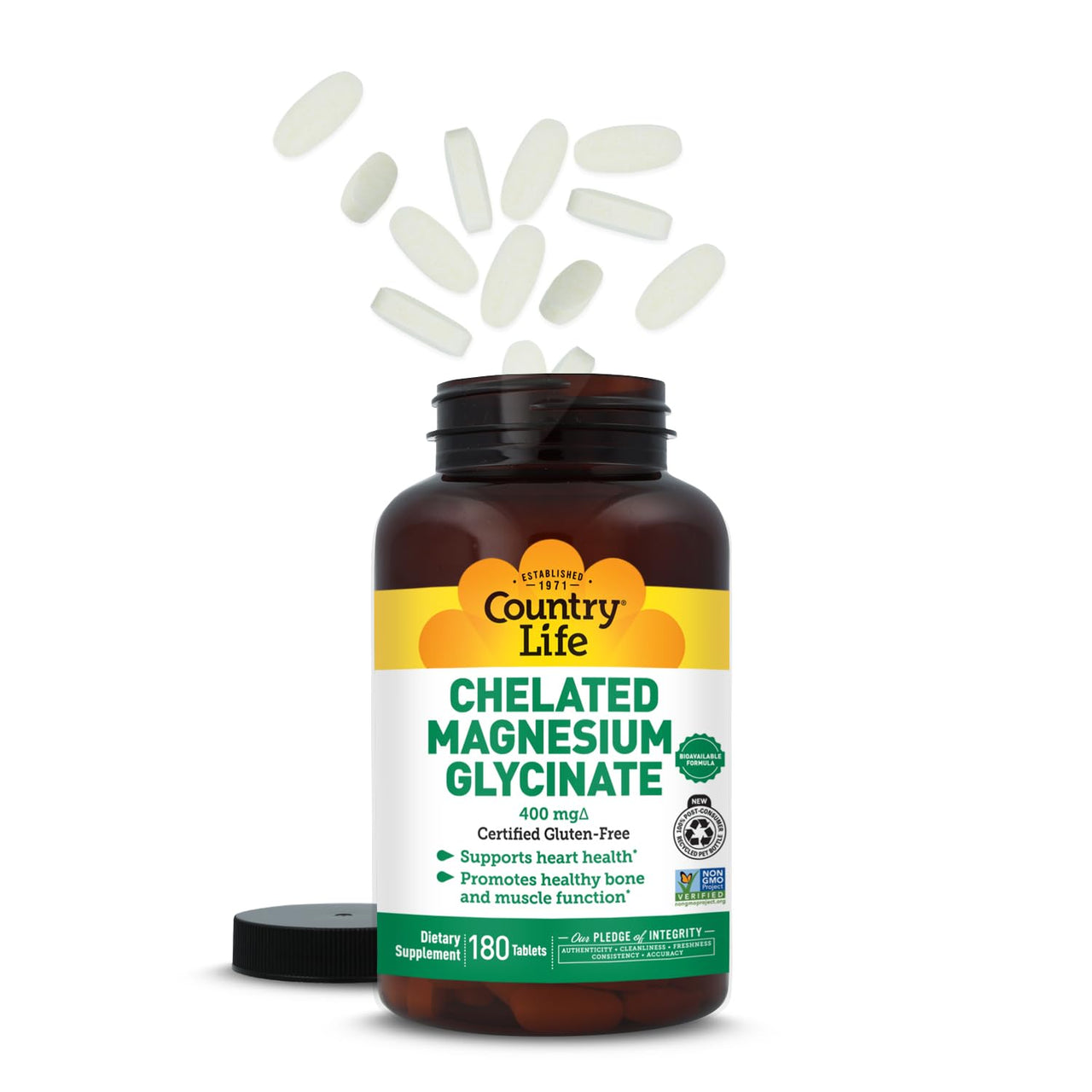 Country Life Chelated Magnesium Glycinate 400mg – High Absorption Magnesium Supplement for Muscle Relaxation, Energy, Bone & Immune Support – Gluten-Free, Vegan, Halal, Non-GMO Verified - 180 Tablets