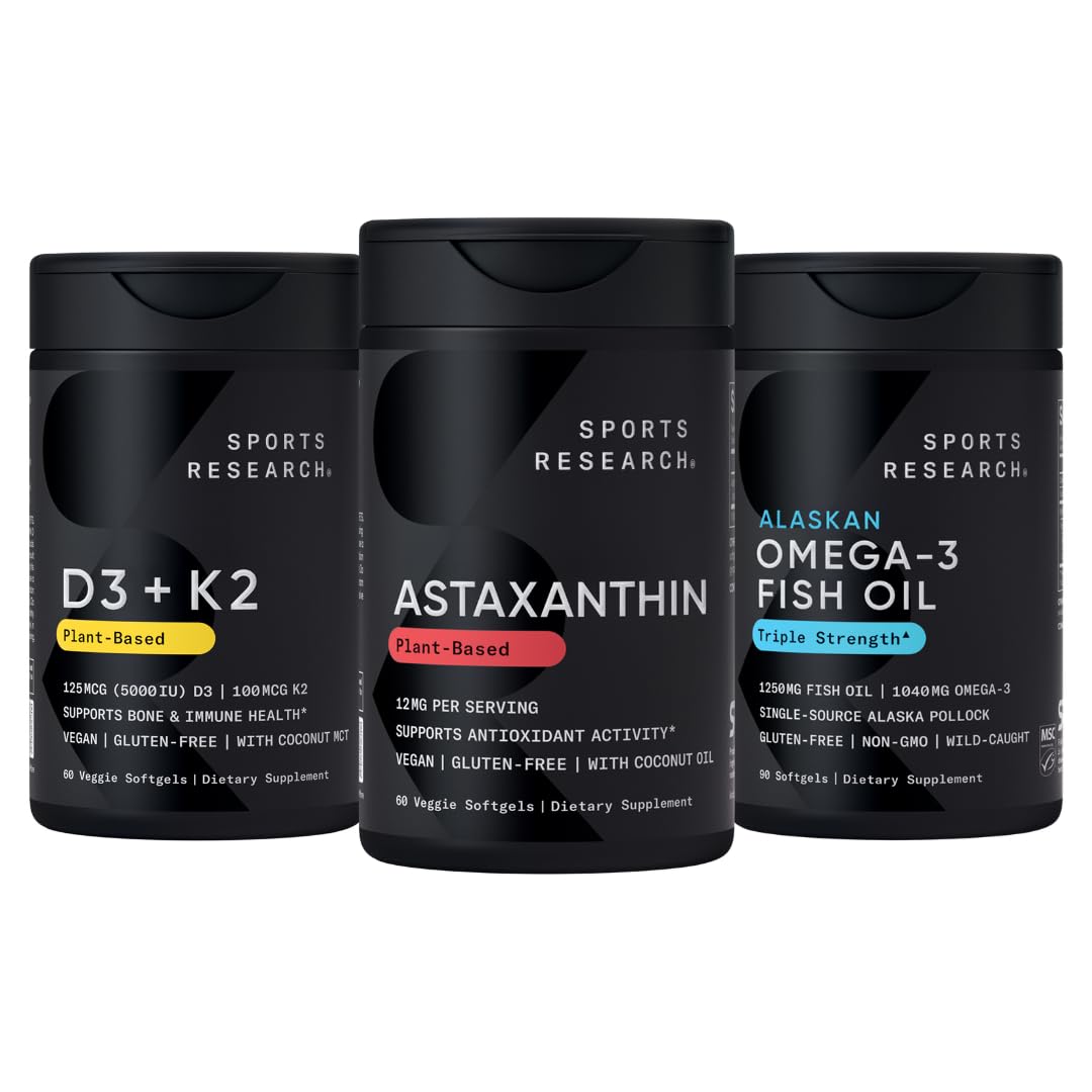 Sports Research® Antioxidant Support Pack w/Triple Strength Vegan Astaxanthin Supplement from Algae, Omega-3 Fish Oil 1250mg, and Vitamin D3 5000iu & Mk7 Vitamin K2 with Coconut MCT Oil