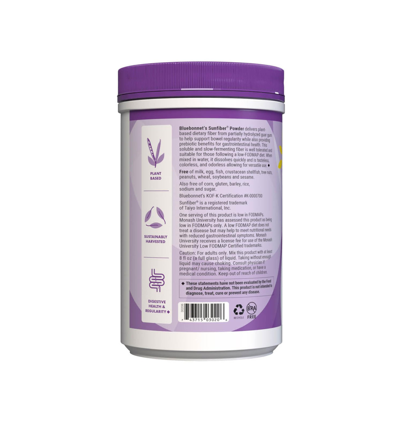 BlueBonnet Nutrition Sunfiber – 6 g of Plant Based Prebiotic Soluble Fiber – Supports Digestive Health* - Instant Dissolve – Non-GMO, Vegan, Kosher, Low-FODMAP – Unflavored, 7.4 OZ, 30 Servings