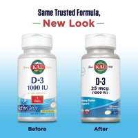 Thumbnail for KAL Vitamin D3 1000 IU Softgels (25 mcg), Active Form of Vitamin D, Calcium Absorption, Bone Health, Immune Support Supplement, Liquid Filled ActivGel, Made Without Soy, 200 Servings, 200 Softgels