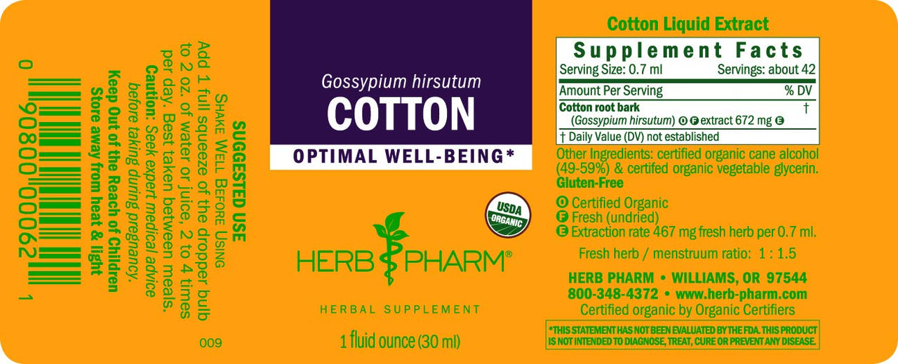 Herb Pharm Certified Organic Cotton Root Liquid Extract, 1 Fl Oz