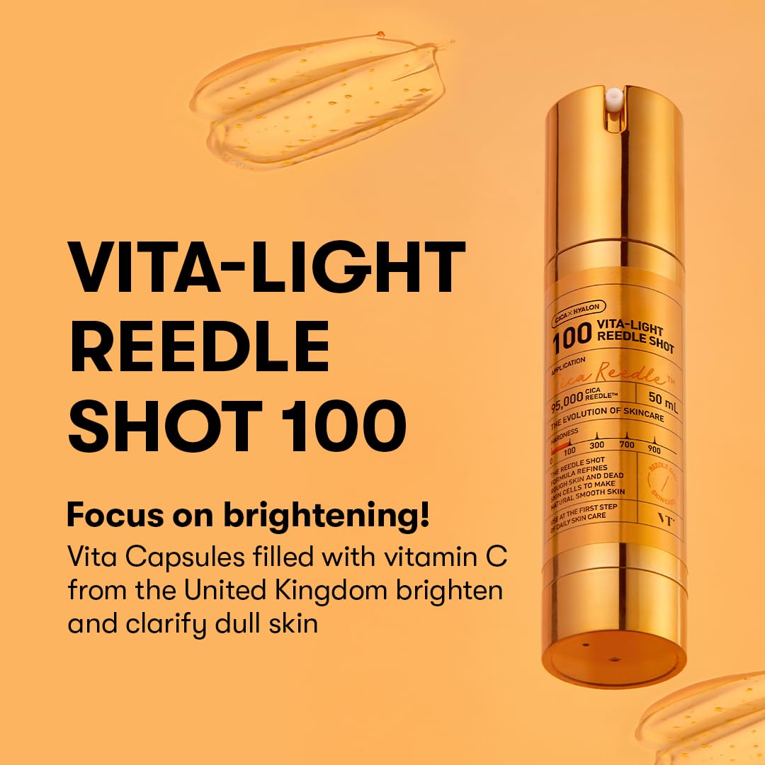 VT Cosmetics Vita-Light Reedle Shot 100, Serum with Vitamin C Capsules, Vitamin E, Hydrating Care, Korean Skincare for Sensitive Skin 1.69Fl Oz(50ml)
