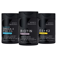 Thumbnail for Sports Research® Body Wellness Pack - Vegan Biotin 10,000 mcg (120 Softgels), Triple Strength Omega 3 Fish Oil 1250 mg (90 Softgels) and Vegan Vitamin D3 5000iu + K2 100mcg Mk7 (60 Softgels)