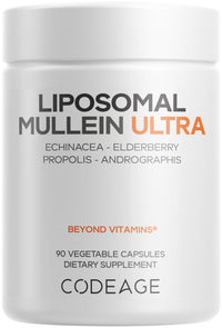 Thumbnail for Codeage Liposomal Mullein Ultra Supplement - Mullein 10:1 Extract, Elderberry, Bee Propolis, Echinacea, Ginger Root, Andrographis, Kudzu, Vitamins, Elecampane, Eleuthero, Isatis, Non-GMO - 90 Capsules