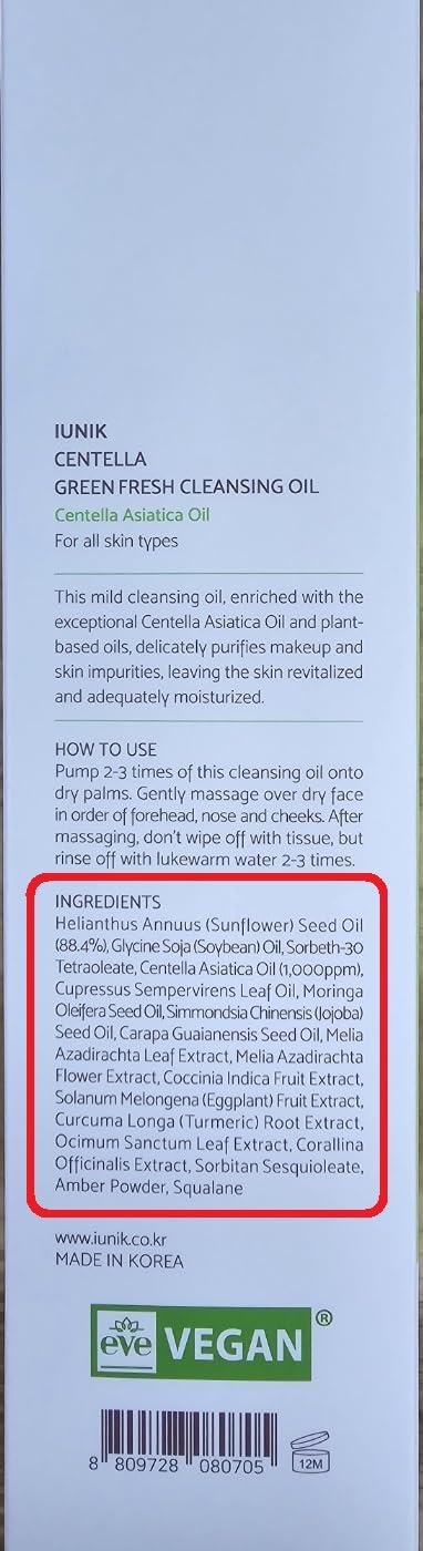 IUNIK Centella Asiatica Cleansing Oil - Pore & Sebum Control Oil Cleanser | Makeup & Sunscreen Remover for Women & Men Dry Oily Sensitive Acne-prone Skin Gentle Face & Body Wash Korean Skincare