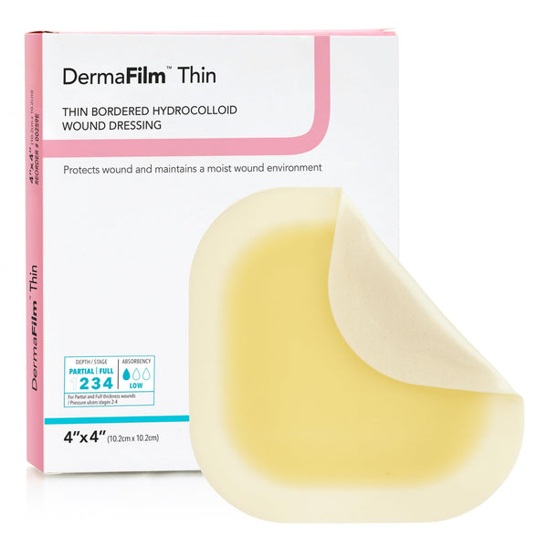 DermaRite's DermaFilm Thin, Bordered Hydrocolloid Wound Dressing - Transparent with Grid Film Backing, Promotes Healing - 4 in. x 4 in., 1 Count, 10 Packs, 10 Total