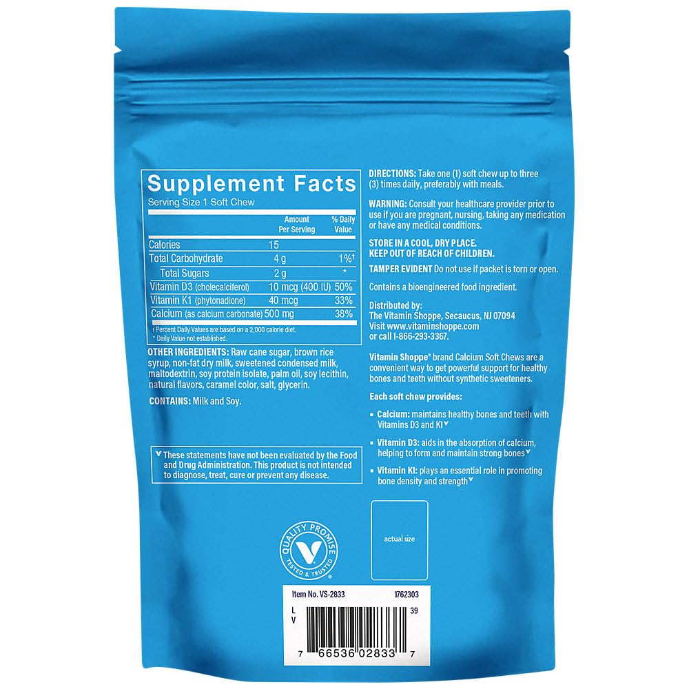 Calcium Chews 1,000mg, Caramel Flavored Chews – Mineral Essential for Healthy Bones & Teeth, No Artificial Sweeteners – with Vitamin K1 & D3 (60 Chews) by The Vitamin Shoppe