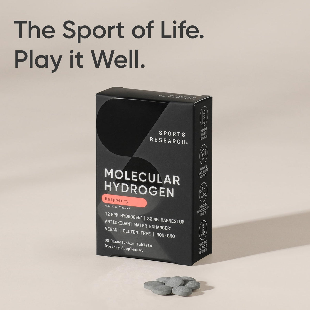 Sports Research® Molecular Hydrogen Water Tablets - Fast Dissolve H2 Tablets with Magnesium - Hydrogen Water - Antioxidant Water Enhancer with Magnesium* - Raspberry Flavor, 60 Servings