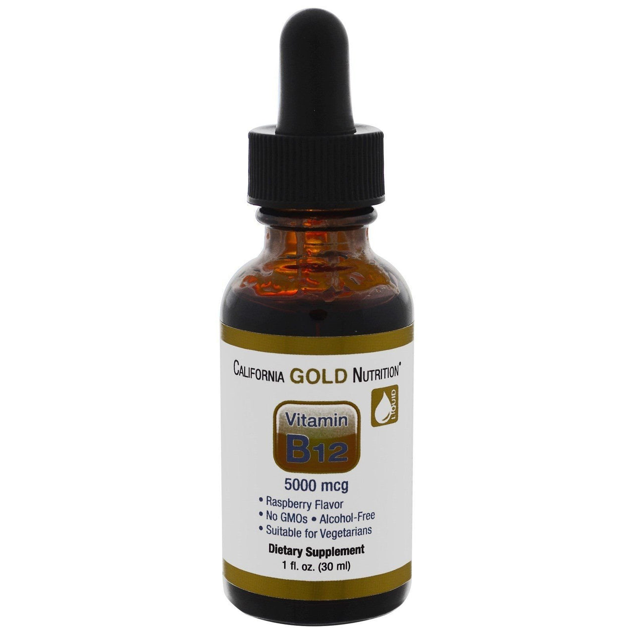 California Gold Nutrition, Vitamin B12 Drops, Alcohol Free, Raspberry Flavor, Non-GMO, 5000 mcg, 1 fl oz (30 ml)
