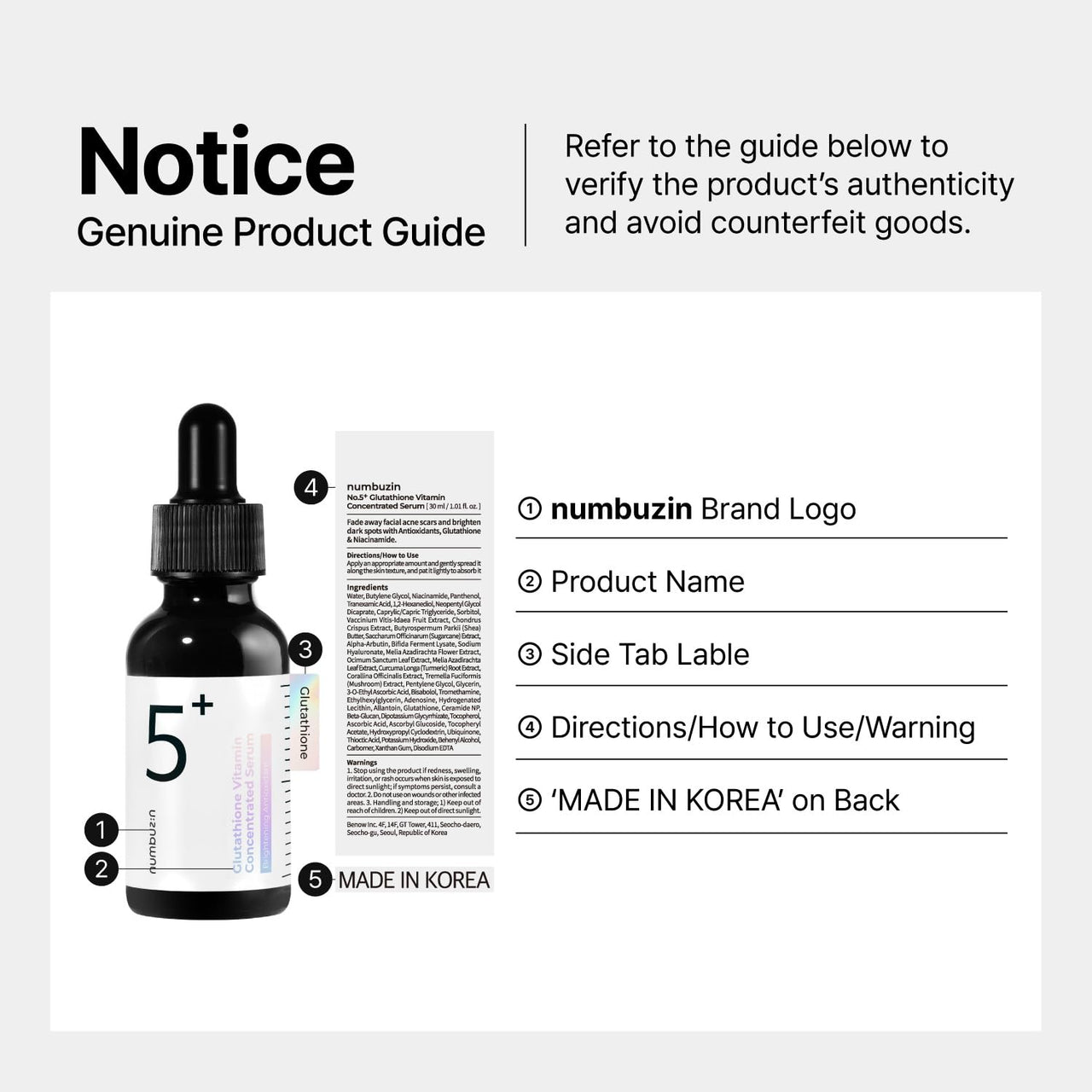 numbuzin No.5 Serum | Vitamin Concentrated Serum | Glutathione, Vitamin C, Tranexamic Acid | Hyperpigmentation, Acne Scars | Suitable for Sensitive Skin, Korean Skincare | 1.01 fl. oz.