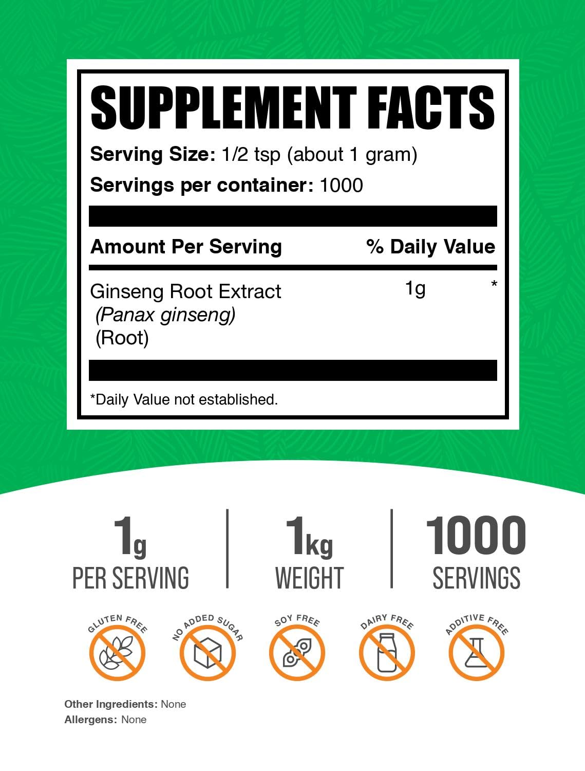 BulkSupplements.com Ginseng Root Extract Powder - Panax Ginseng Supplement, Herbal Supplement - Vegan & Gluten Free, 1g per Serving, 1kg (2.2 lbs) (Pack of 1)