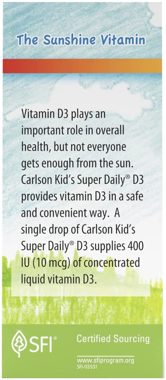 Carlson - Kid's Super Daily D3, Vitamin D Drops for Kids, 400 IU per drop, 1-Year Supply, Heart & Immune Health, Vegetarian, Liquid Vitamin D Drops, Unflavored, 365 drops