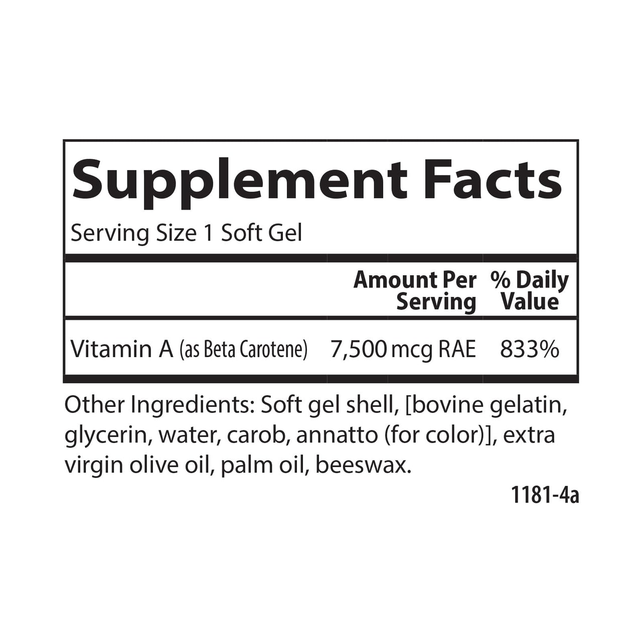 Carlson Super Beta Carotene 25,000 IU, Vitamin A as Beta Carotene, Antioxidant Support for Vision, Skin & Immune Health, 100 Soft Gels