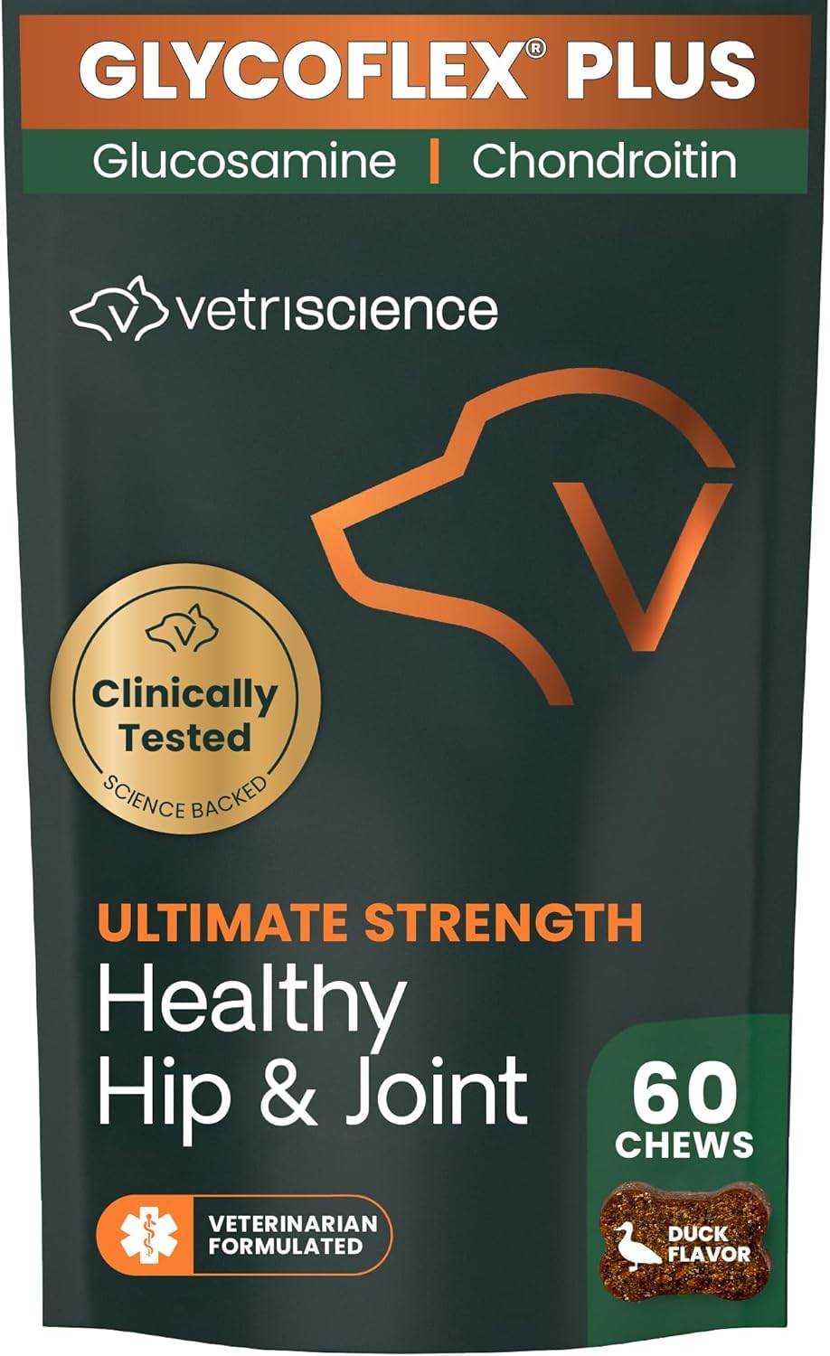 VetriScience Ultimate Strength Healthy Hip & Joint Chews, GlycoFlex Glucosamine, Chondroitin and Green-Lipped Mussel Joint Support Supplement for Dogs, Soothe Joint Discomfort, Duck, 60 Count