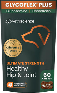 Thumbnail for VetriScience Ultimate Strength Healthy Hip & Joint Chews, GlycoFlex Glucosamine, Chondroitin and Green-Lipped Mussel Joint Support Supplement for Dogs, Soothe Joint Discomfort, Duck, 60 Count