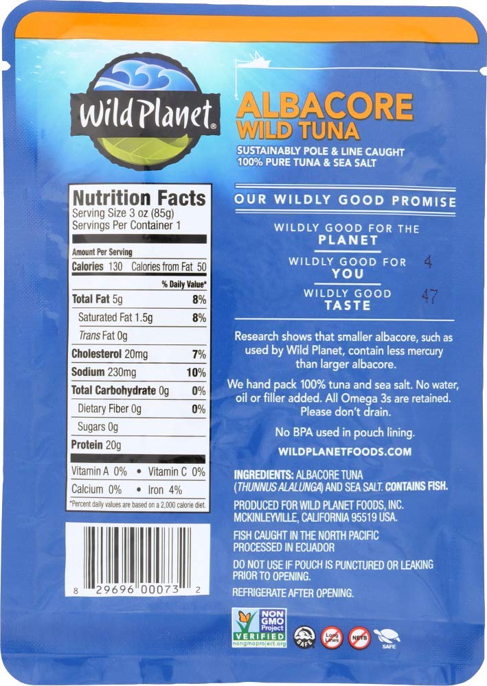 Wild Planet Albacore Wild Tuna, Sea Salt, Pouch, Keto & Paleo, 3rd Party Mercury Tested, 3 Ounce (Pack of 24)