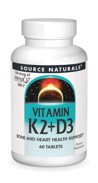 Thumbnail for Source Naturals Vitamin K2 + D3 Bone & Heart Health Complex - 400 IU Vitamin D3 & 100 mcg Vitamin K2 (MK-7) with Calcium - 60 Tablets