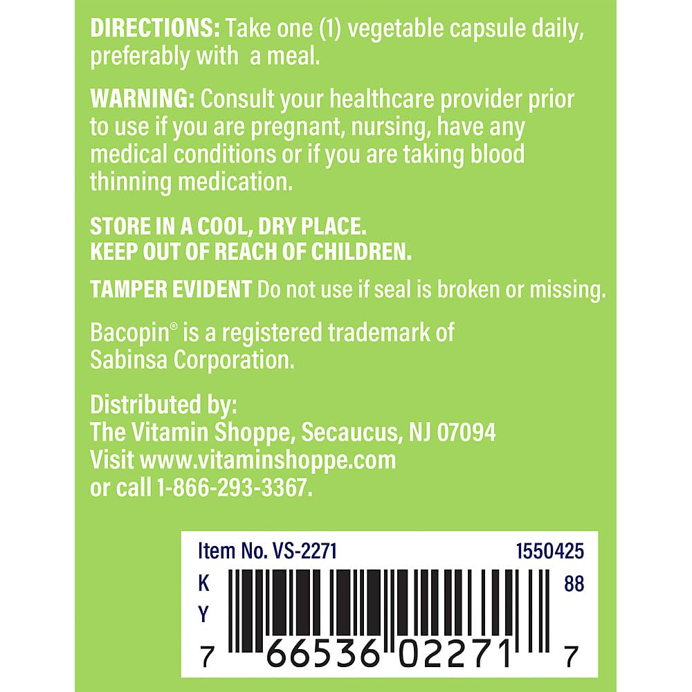 The Vitamin Shoppe Bacopa 500MG (Bacopa Monnieri), Clinically Studied Ingredient, Herbal Brain Support Supplement, Once Daily (100 Capsules)