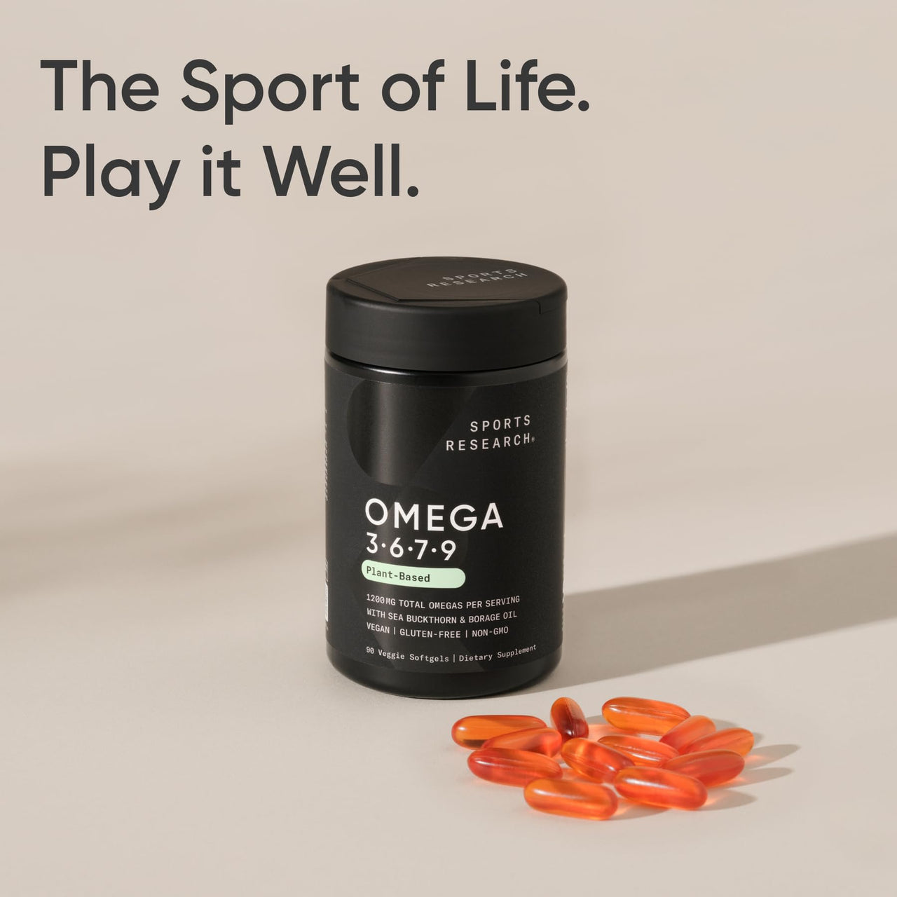 Sports Research® Vegan Omega 3-6-7-9 - 1200 mg of Multi-Spectrum Omega Fatty Acids Certified Non-GMO Formula with Sea Buckthorn & Borage Oil - 90 Veggie Softgels