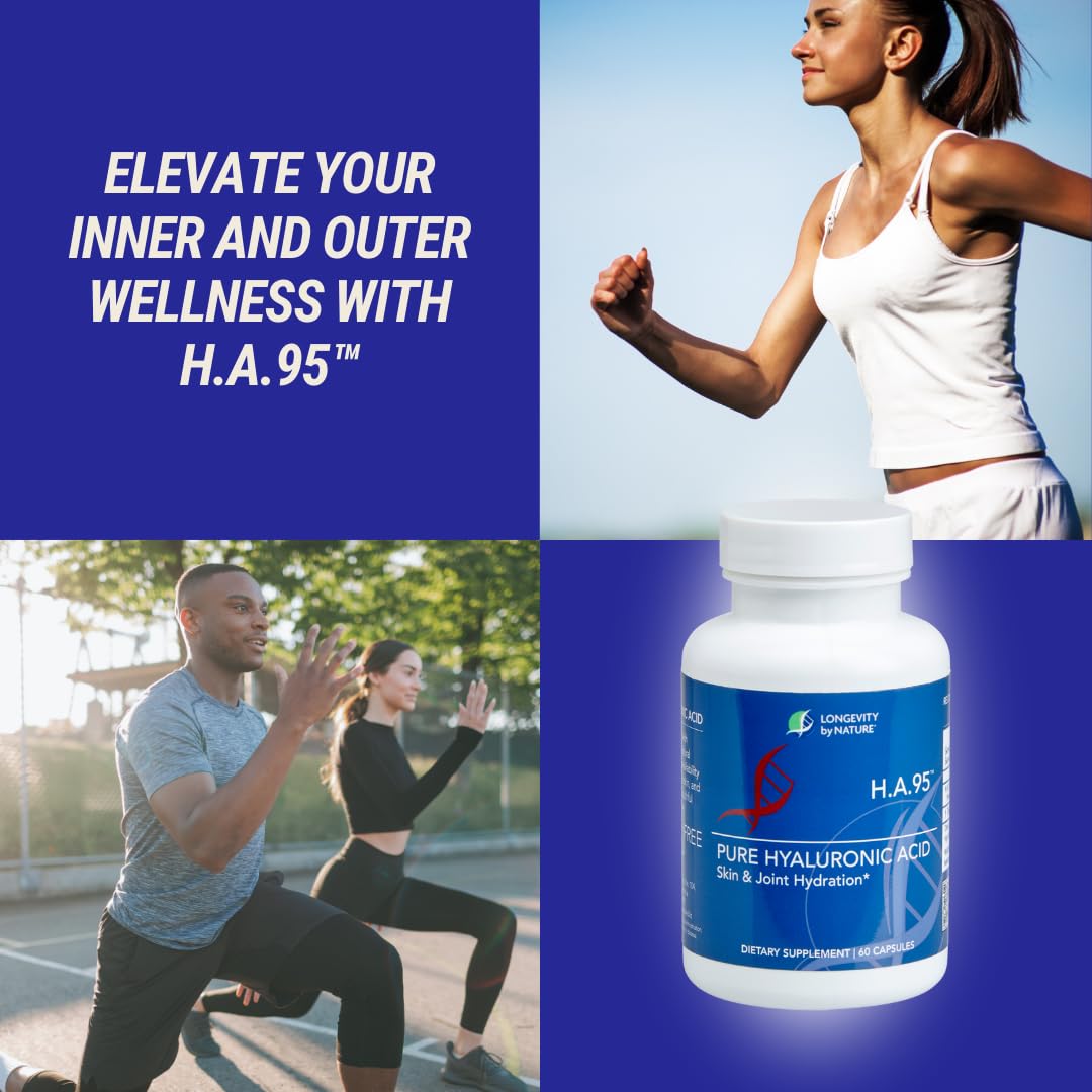 Longevity by Nature H.A.95 Hyaluronic Acid Supplements, Antioxidant, Skin Hydration, Eye, Joint, Natural Rooster Comb, 60 Capsules