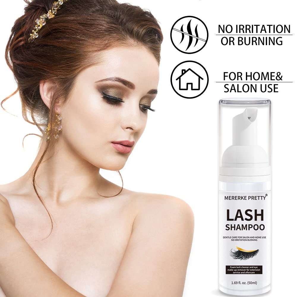 Mererke_Pretty Eyelash Extension Shampoo 50 ml + Brush - Eyelid Foaming Cleanser - Sensitive Paraben & Sulfate Free - Eyelash Wash and Lash Bath for Extensions - Salon Use and Home Care