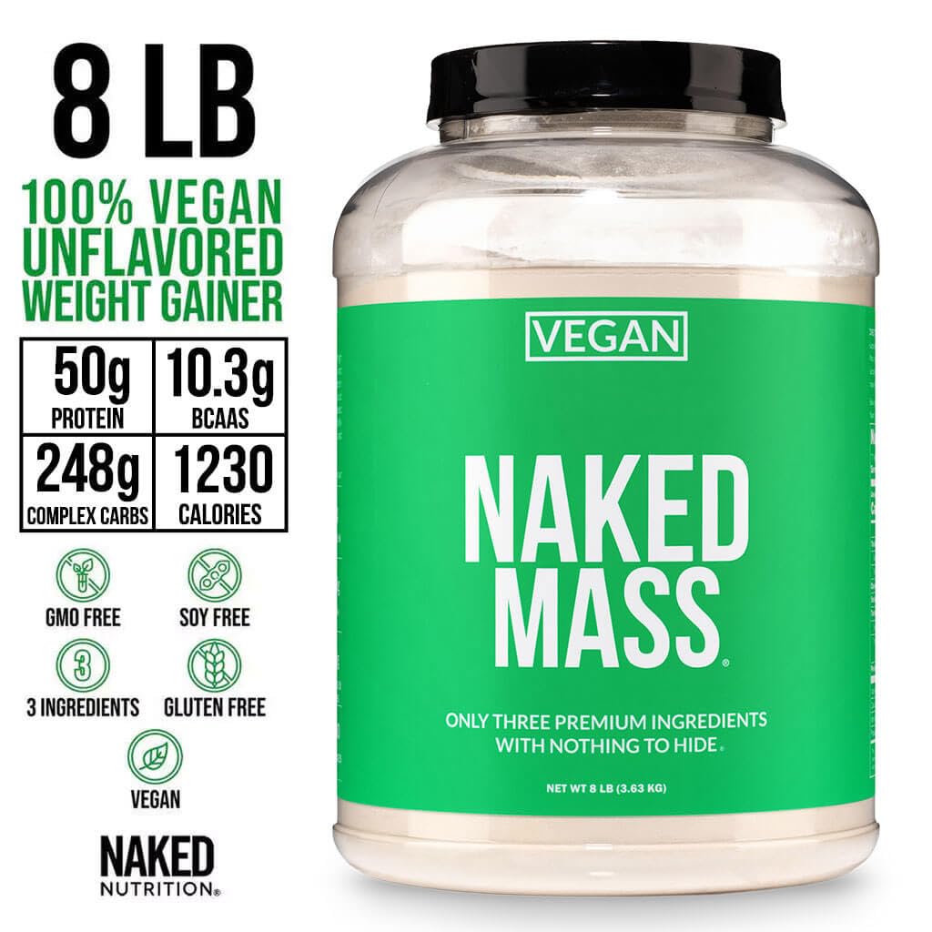 NAKED Vegan Mass - Natural Vegan Weight Gainer Protein Powder - 1,230 Calories, NSF Certified, Non-GMO, Soy & Gluten Free, No Artificial Ingredients - 8LB Bulk - 11 Servings