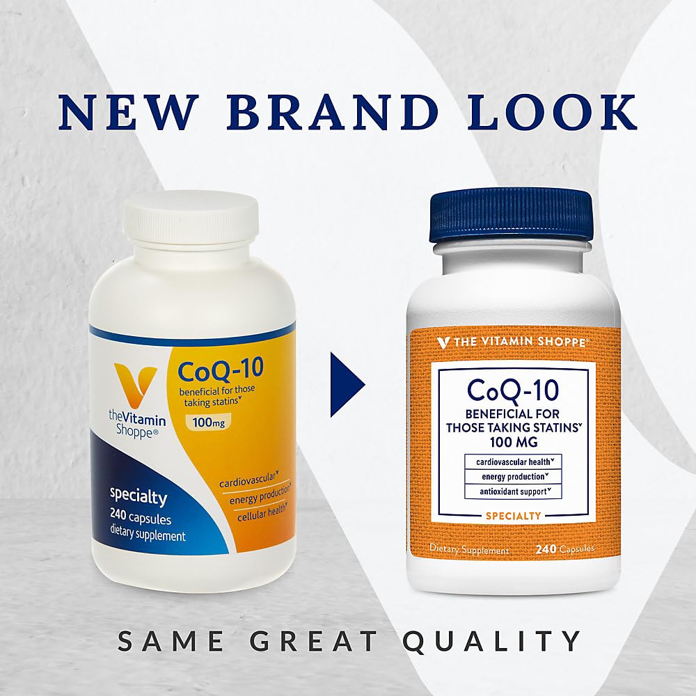 The Vitamin Shoppe CoQ-10 100mg - Beneficial for Those Taking Statins – Supports Heart & Cellular Health and Healthy Energy Production, Essential Antioxidant – Once Daily (240 Capsules)