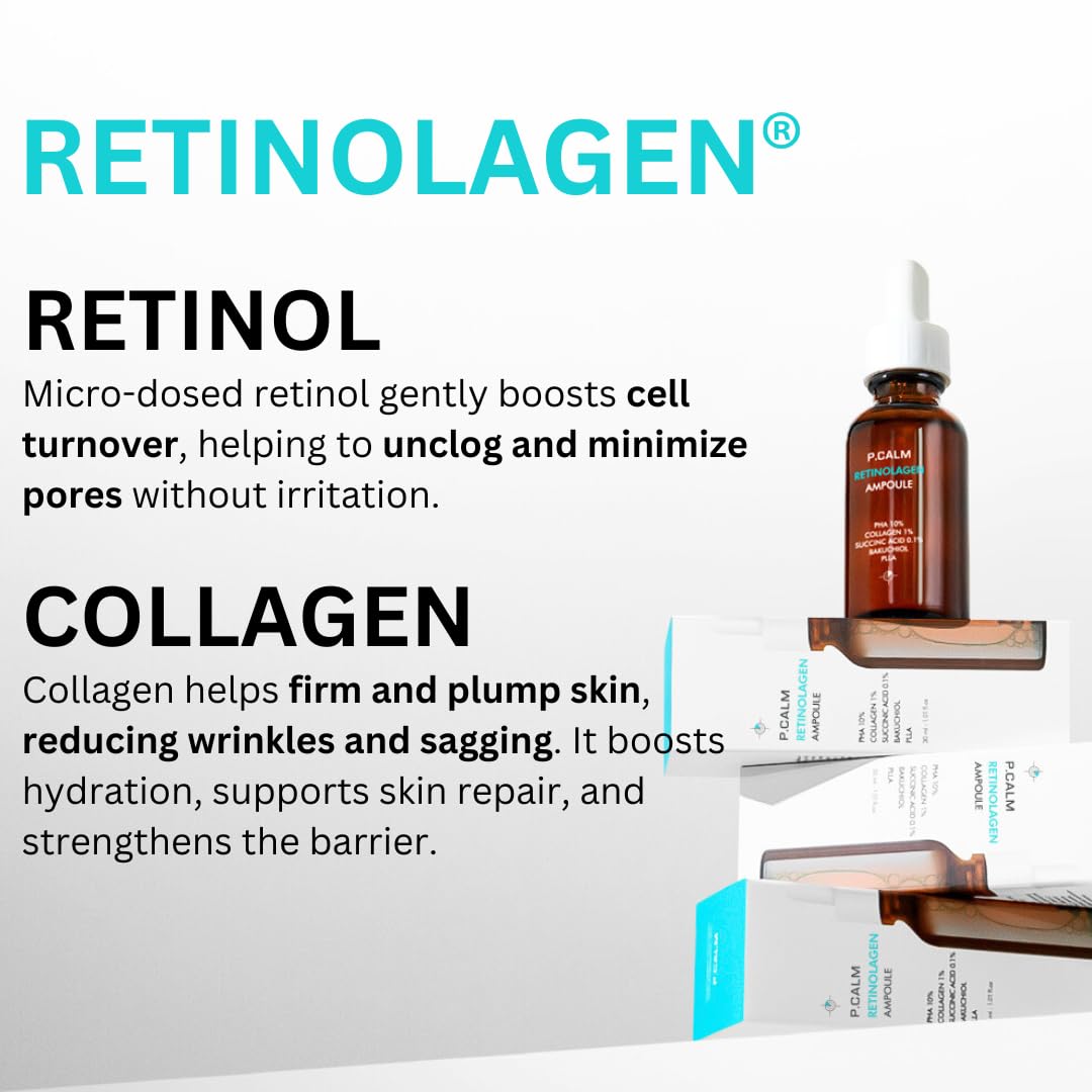 P.CALM Retinolagen Ampoule – Retinol & Vegan Hydrolyzed Collagen for Pore Tightening, Wrinkles, and Fine Line Care, Korean Glass Skin (30ml / 1.01 fl.oz)