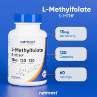 Thumbnail for Nutricost L-Methylfolate 15mg, 120 Capsules (5-MTHF) - Vegan, Non-GMO, Gluten Free