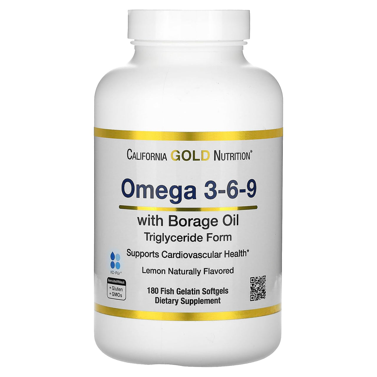 California Gold Nutrition Omega 3-6-9s, with Omega-3 Fish Oil and Borage Seed Oil, EPA, DHA, GLA, and Linoleic Acid, Natural Lemon, 180 Softgels